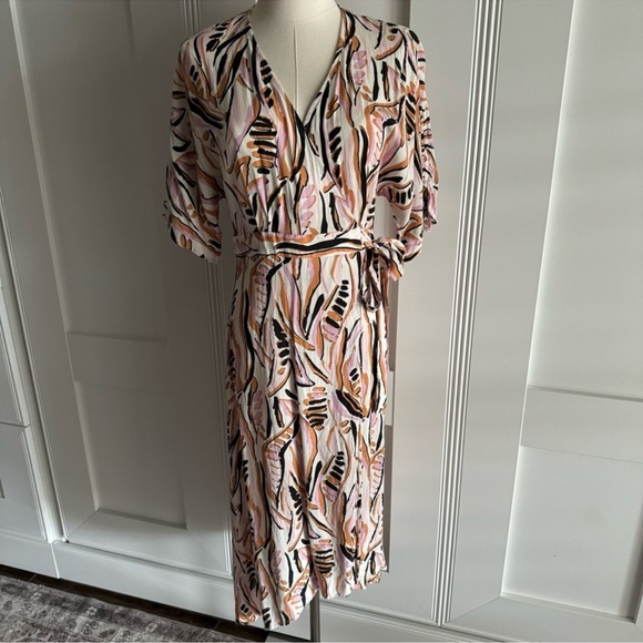 ba&sh Tabby Beige Pink Rust Abstract Wrap Style V-Neck Short Sleeve Dress Size S - Picture 3 of 14